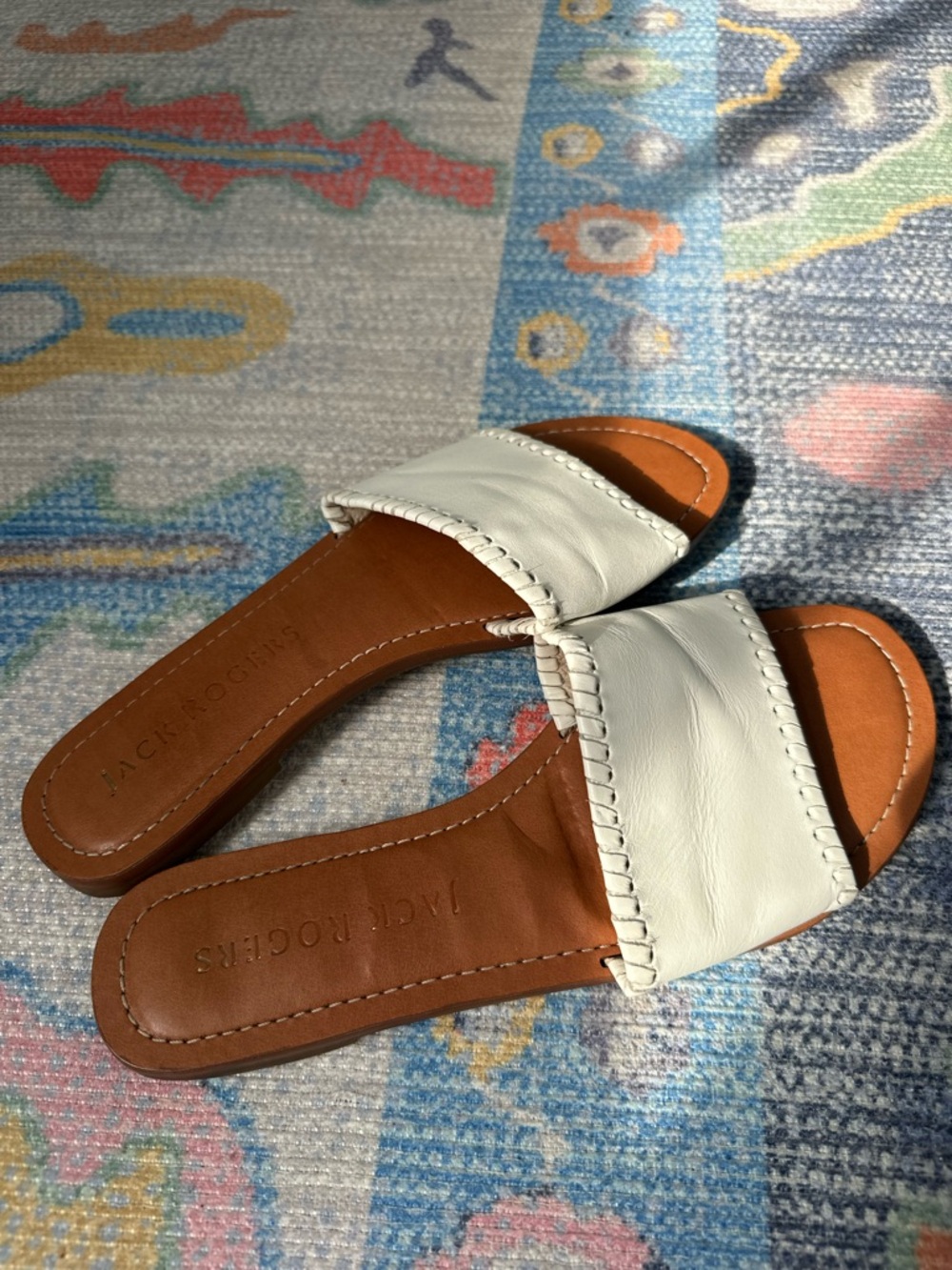 Jack Rogers White Leather Slide Sandals with Tan Footbed